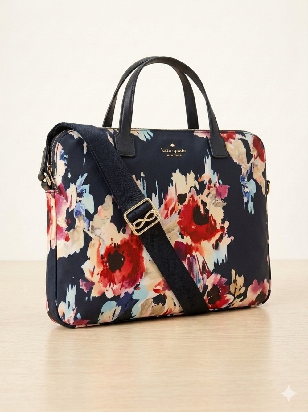 kate spade Navy Floral Watercolor Laptop Tote with Detachable Strap